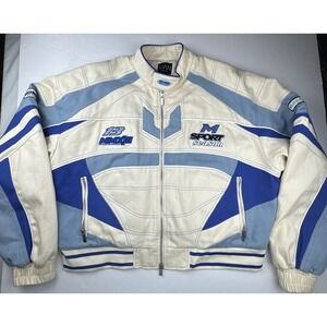 boohooMAN Mens Racing Jacket M Cotton Colorblock Streetwear Motor Speedway Blue